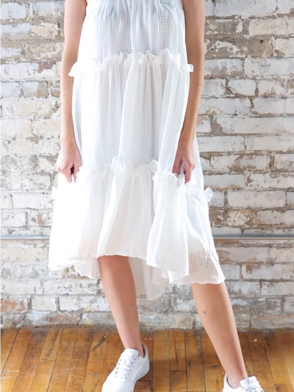 MABLE White Galway Tiered Ruffle High-Low Midi Babydoll Dress Size Small - Picture 1 of 9